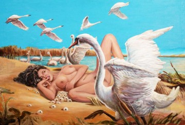 禁断とセクシー Painting - レダと白鳥がセクシー